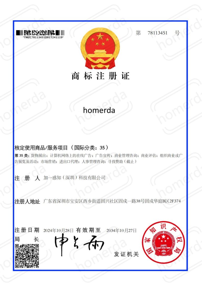 Homerda Trademark registration certificate